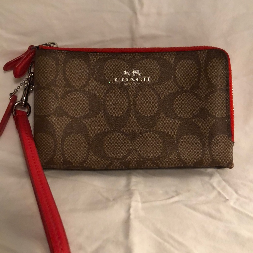 coach double zip wristlet brown/orange